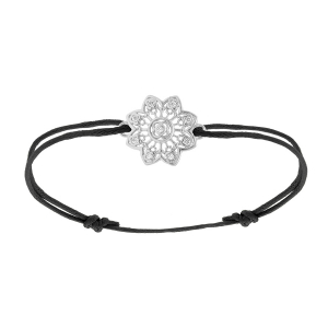 BRACELET ARGENT RHODIÉ CORDON COULISSANT NOIR FLEUR FILIGRANE OXYDES BLANCS SERTIS