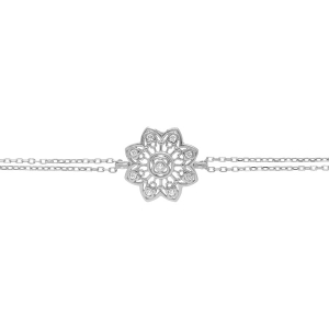 BRACELET ARGENT RHODIÉ DOUBLE RANG  FLEUR FILIGRANE OXYDES BLANCS SERTIS 15+4CM