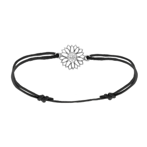BRACELET ARGENT RHODIÉ CORDON COULISSANT NOIR FLEUR TOURNESOL