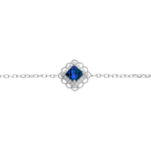 BRACELET ARGENT RHODIÉ CARRÉ OXYDE BLEU SERTI CONTOUR OXYDES BLANCS ET DENTELÉ  15+3CM