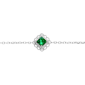 BRACELET ARGENT RHODIÉ CARRÉ OXYDE VERT SERTI CONTOUR OXYDES BLANCS ET DENTELÉ  15+3CM