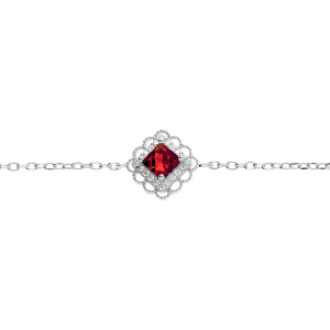 BRACELET ARGENT RHODIÉ CARRÉ OXYDE ROUGE SERTI CONTOUR OXYDES BLANCS ET DENTELÉ  15+3CM