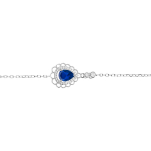 BRACELET ARGENT RHODIÉ GOUTTE OXYDE BLEU SERTI CONTOUR OXYDES BLANCS SERTIS ET DENTELLÉ 15+3CM