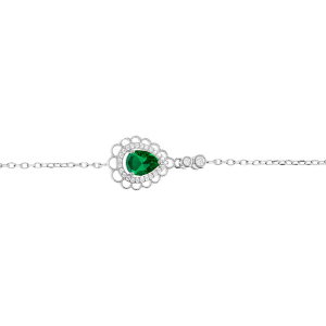 BRACELET ARGENT RHODIÉ GOUTTE OXYDE VERT SERTI CONTOUR OXYDES BLANCS SERTIS ET DENTELLÉ 15+3CM