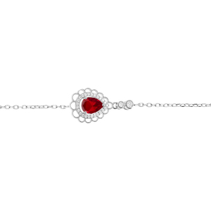 BRACELET ARGENT RHODIÉ GOUTTE OXYDE ROUGE SERTI CONTOUR OXYDES BLANCS SERTIS ET DENTELLÉ 15+3CM