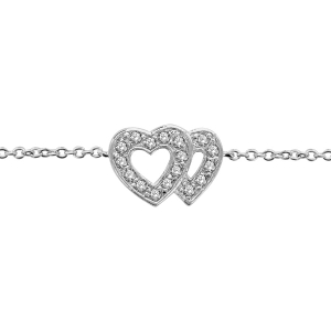 BRACELET ARGENT RHODIÉ DOUBLE COEUR AJOURE CONTOUR PIERRES BLANCHES SYNTHETIQUE 16+2CM