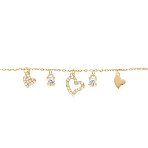 BRACELET ARGENT DORE PAMPILLES MULTI COEURS LISSES ET OXYDES BLANCS SERTIS 15+3CM