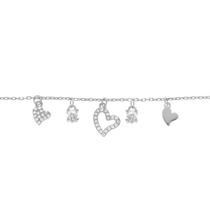 BRACELET ARGENT RHODIÉ PAMPILLES MULTI COEURS LISSES ET OXYDES BLANCS SERTIS 15+3CM