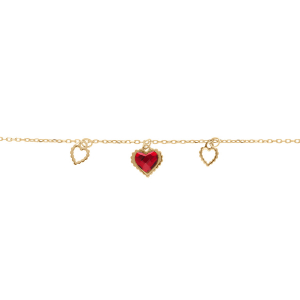 BRACELET ARGENT DORÉ PAMPILLE COEURS AJOURÉS ET UN OXYDE ROUGE  15+3CM