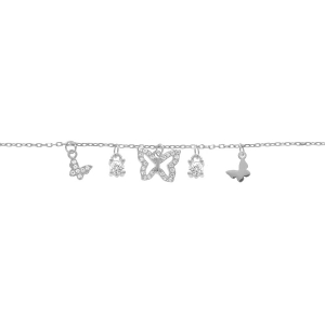 BRACELET ARGENT RHODIÉ PAMPILLES PAPILLONS OXYDES BLANCS SERTIS 15+3CM