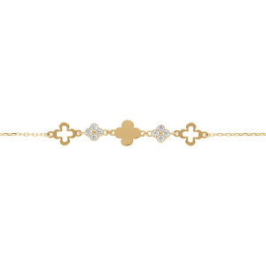 BRACELET ARGENT DORÉ TREFLES LISSES ET AVEC OXYDES BLANCS 15+3CM