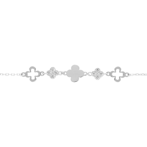 BRACELET ARGENT TREFLES LISSES ET AVEC OXYDES BLANCS 15+3CM
