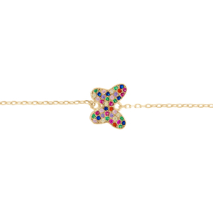 BRACELET ARGENT DORÉ PAPILLON OXYDES MULTI COULEURS SERTIS 15+3CM
