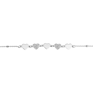 BRACELET ARGENT RHODIÉ COEURS LISSES ET GRANITÉ 16+3CM