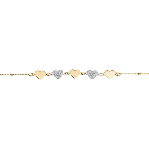 BRACELET ARGENT DORÉ COEURS LISSES ET GRANITÉ 16+3CM