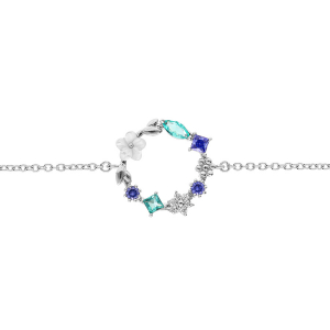 BRACELET ARGENT RHODIÉ ROND JARDIN FLEURI OXYDES NUANCE BLEU ET FLEUR NACRE 16+2CM