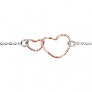 BRACELET ARGENT RHODIÉ MOTIF DOUBLE COEURS DORURE ROSE 16+3CM