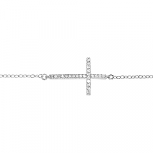 BRACELET ARGENT RHODIÉ GRANDE CROIX COUCHEE  OXYDES MICRO SERTIS 16+2CM