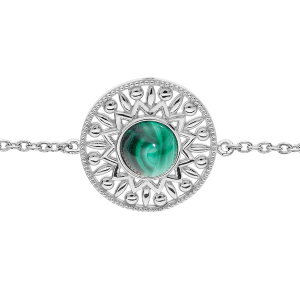 BRACELET ARGENT RHODIÉ ETHNIQUE CABOCHON MALACHITE VÉRITABLE 16+2CM