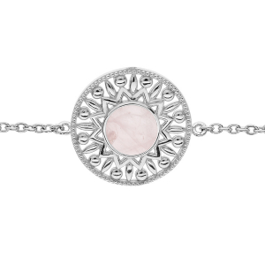 BRACELET ARGENT RHODIÉ ETHNIQUE CABOCHON QUARTZ ROSE VÉRITABLE 16+2CM