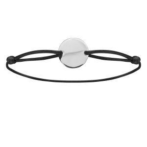 BRACELET ARGENT RHODIÉ CORDON COULISSANT NOIR PLAQUE RONDE A GRAVER