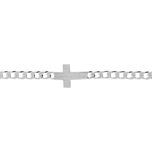 BRACELET ARGENT SATINÉ MAILLE GOURMETTE 4MM  CROIX PLATE LISSE 18CM