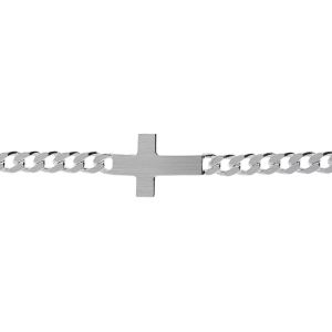 BRACELET ARGENT SATINÉ MAILLE GOURMETTE 5MM  CROIX PLATE LISSE 19CM