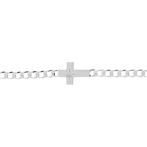 BRACELET ARGENT PASSIVÉ MAILLE GOURMETTE 4MM  CROIX PLATE LISSE DIAMANTÉ ETOILE 18CM