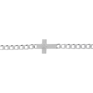 BRACELET ARGENT SATINÉ MAILLE GOURMETTE 4MM  CROIX PLATE LISSE DIAMANTÉ ETOILE 18CM