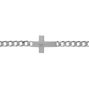 BRACELET ARGENT SATINÉ MAILLE GOURMETTE 5MM  CROIX PLATE LISSE DIAMANTÉ ETOILE 19CM
