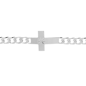 BRACELET ARGENT PASSIVÉ MAILLE GOURMETTE 6MM  CROIX PLATE LISSE DIAMANTÉ ETOILE 20CM
