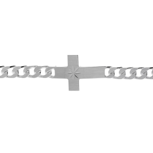 BRACELET ARGENT SATINÉ MAILLE GOURMETTE 6MM  CROIX PLATE LISSE DIAMANTÉ ETOILE 20CM