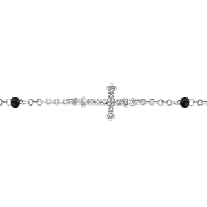 BRACELET ARGENT RHODIÉ CHAINETTE PIERRES NOIRES SYNTHETIQUE AVEC CROIX COUCHEE 16+3CM