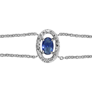 BRACELET ARGENT RHODIÉ FORME OVALE VERRE BLEU FONCE ENTOURAGE OXYDES BLANCS SERTIS 16+2CM