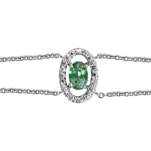 BRACELET ARGENT RHODIÉ FORME OVALE VERRE VERT ENTOURAGE OXYDES BLANCS SERTIS 16+2CM