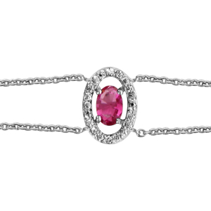 BRACELET ARGENT RHODIÉ FORME OVALE VERRE FUSHIA ENTOURAGE OXYDES BLANCS SERTIS 16+2CM