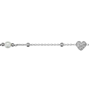 BRACELET ARGENT RHODIÉ BOULES AVEC 1 COEUR PIERRES BLANCHES SYHNT ET PERLE DE CULTURE D'EAU DOUCE 16+3CM