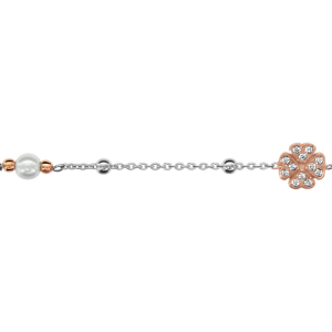 BRACELET ARGENT RHODIÉ BOULES AVEC 1 TREFLE DORURE ROSE PIERRES BLANCHES SYHNT ET PERLE DE CULTURE D'EAU DOUCE 16+3CM