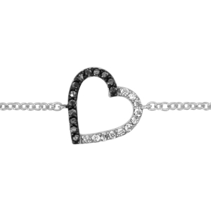 BRACELET ARGENT RHODIÉ FORME COEUR EVIDEE MOITIE OXYDES BLANCS SERTIS ET PIERRES NOIRES SYNTHETIQUE RHODIUM NOIR 16+2CM