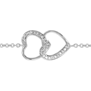 BRACELET ARGENT RHODIÉ DOUBLE COEUR SUPERPOSE OXYDES BLANCS SERTIS 16+2CM