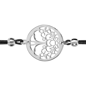 BRACELET ARGENT RHODIÉ CORDON DOUBLE NOIR ET RONDELLE ARBRE DE VIE 16+3CM