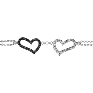 BRACELET ARGENT RHODIÉ DOUBLE CHAINE 2 COEURS PIERRES NOIRES ET OXYDES BLANCS SERTIS 16+3CM
