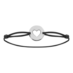 BRACELET CORDON COULISSANT NOIR RONDELLE AVEC COEUR DECOUPE ARGENT RHODIÉ