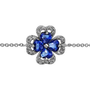 BRACELET ARGENT RHODIÉ TREFLE PIERRE SYNTHETIQUE BLEU ENTOURAGE OXYDES BLANCS SERTIS 16+2CM