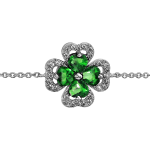 BRACELET ARGENT RHODIÉ TREFLE PIERRE SYNTHETIQUE VERTE ENTOURAGE OXYDES BLANCS SERTIS 16+2CM
