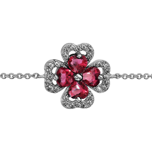BRACELET ARGENT RHODIÉ TREFLE PIERRE SYNTHETIQUE ROUGE ENTOURAGE OXYDES BLANCS SERTIS 16+2CM