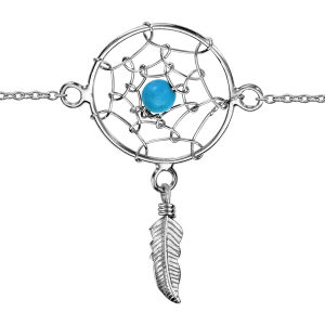 BRACELET ARGENT RHODIÉ ATTRAPE REVE 18MM 1 BOULE TURQUOISE SYNTHETIQUE ET PLUME 16+2,5CM