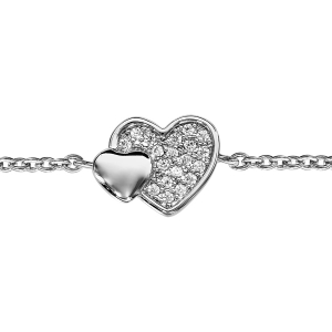 BRACELET ARGENT RHODIÉ DOUBLE COEUR PAVE OXYDES BLANCS ET LISSE 16+2CM