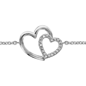 BRACELET ARGENT RHODIÉ DOUBLE COEUR CROISE OXYDES BLANCS 16+2CM