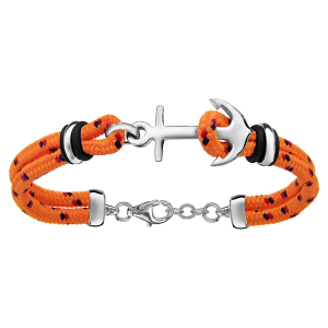 BRACELET ARGENT RHODIÉ 2 RANGS CORDE ORANGE ANCRE MARINE 18+4CM